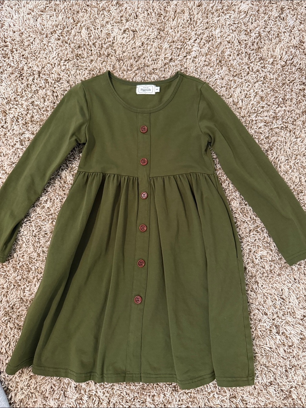 Girls' Olive Button-Front Long Sleeve Dress